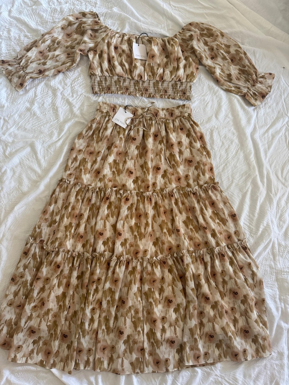 Two-Piece Floral Crop Top & Tiered Maxi Skirt Set - Neutral Floral